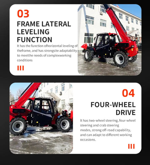 Heavy Duty 4Wd Telehandler Forklift Rig With Swappable Forks Heavy Bucket And Crane Jib For Ag And Construction Jobs Made Easy showcasing four-wheel drive features.