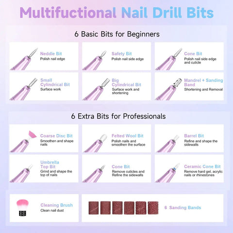 Multifunctional Nail Drill Bits for Acrylic Shaping, featuring various bits for beginners and professionals.