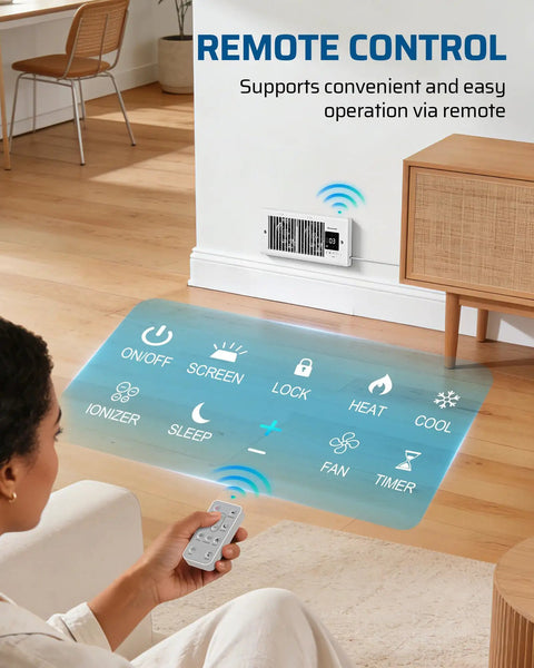 Person using remote control for Dual Fan Register Booster For Hard To Reach Spaces, 4 Inch By 10 Inch Vent, wall installed.