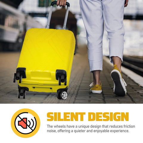 Yellow suitcase with 4 Pcs Universal Suitcase Wheel Replacement Set Heavy Duty Luggage Casters Quiet Dual Row Design on train platform