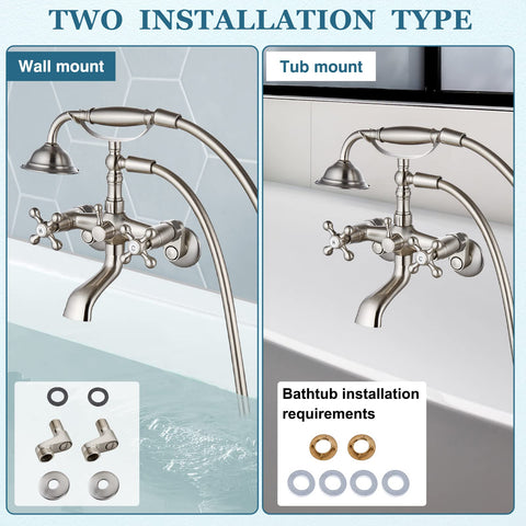 Clawfoot Tub Faucet With Handheld Shower Brushed Nickel, Wall Mount Tub Filler With Cross Handles, dual installation setup