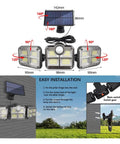 Heavy Hitter Solar Motion Sensor Light With Three Swivel Heads And Solid IP65 Water Resistant Build For Serious Yard Security On Your Driveway Patio Or Garage Wall, showing dimensions and installation instructions.