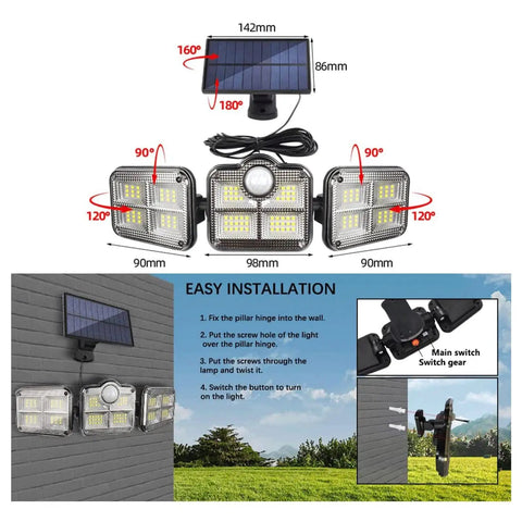 Heavy Hitter Solar Motion Sensor Light With Three Swivel Heads And Solid IP65 Water Resistant Build For Serious Yard Security On Your Driveway Patio Or Garage Wall, showing dimensions and installation instructions.
