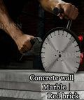 Heavy Duty Badass Electric Wall Grooving Machine Featuring Slick Depth Adjustments Up To Eleven Inches cutting marble and red brick.