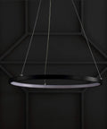 Matte Black Modern Integrated LED Pendant Light With Dimmable Round Hoop Chandelier For Kitchen Island And Dining Room Adjustable Height ETL Listed Sleek Minimalist Ceiling Lighting Fixture, close-up against dark wall