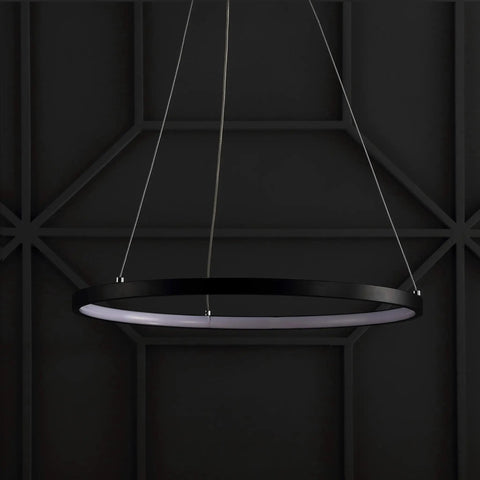 Matte Black Modern Integrated LED Pendant Light With Dimmable Round Hoop Chandelier For Kitchen Island And Dining Room Adjustable Height ETL Listed Sleek Minimalist Ceiling Lighting Fixture, close-up against dark wall