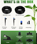 Long Reach Drip Irrigation System Kit With 6 Way Connectors contents including hoses, emitters, and couplers for gardens.