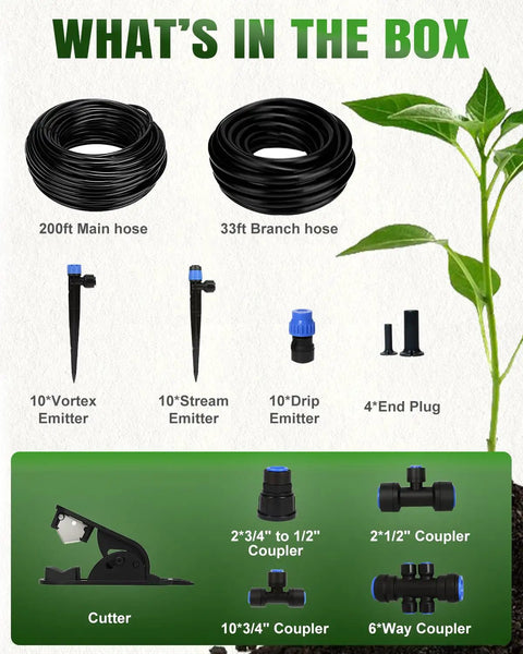 Long Reach Drip Irrigation System Kit With 6 Way Connectors contents including hoses, emitters, and couplers for gardens.