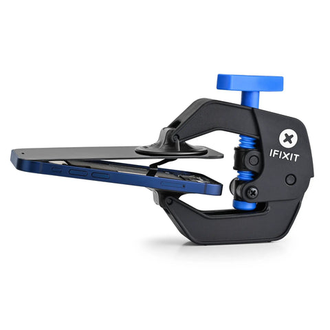 Pro Grade Anti Clamp Opening Tool For Phones And Tablets With Dual Suction Cups And Adjustable Opening Force For Safe Adhesive Removal And Gentle Glass Screen Separation No Fuss showcasing side view with phone secured in tool.