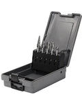 Front view: Set of 5 carbide burrs with 1/4-inch shanks in a gray plastic case for aluminum engraving and drilling