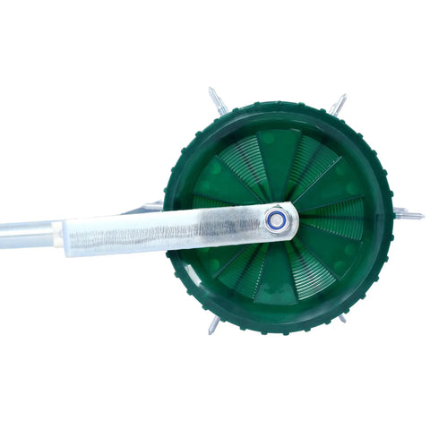 Side view of Rolling Lawn Aerator With 39 Iron Spikes And 58 Inch Handle, featuring green roller with steel frame.