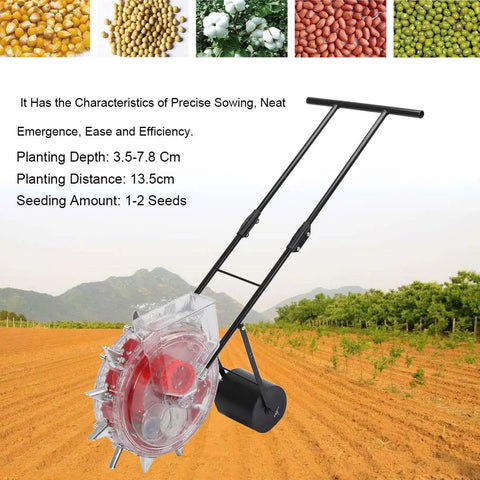 Hand Push Garden Seeder With Roller Seed Planter And Fertilizer Applicator, 13.5cm Spacing, shown in a field.