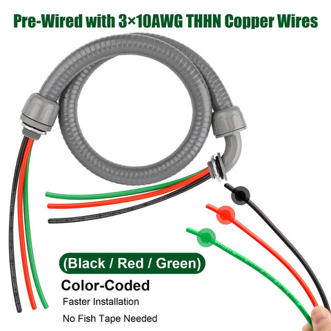 8ft Liquid Tight Conduit Kit with 1/2 inch pre-wired electrical whip, 3x10AWG THHN copper wires, bare wire ends, 90 degree connectors