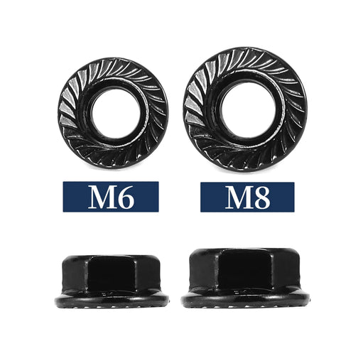 M6 X 1.0Mm Serrated Flange Hex Lock Nuts 100 Piece Pack 304 Stainless Steel close-up of M6 and M8 flange nuts, showcasing detail and design.
