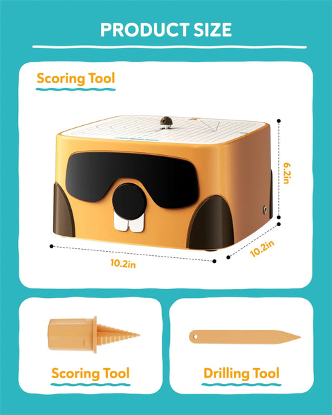 Kids Safe Cardboard Cutter Tool For DIY Projects And STEM Craft product image showing box dimensions and included tools.