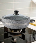 Korean Stone Bowl With Induction Base And Glass Lid, Thick Stone Pot For Bibimbap And Soups, 11.8 Inch Granite Stoneware on stove