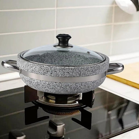 Korean Stone Bowl With Induction Base And Glass Lid, Thick Stone Pot For Bibimbap And Soups, 11.8 Inch Granite Stoneware on stove