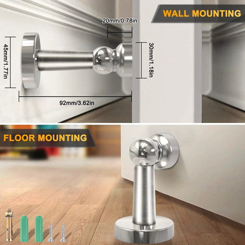 6 Pack Magnetic Door Stopper Stainless Steel Door Holder for Wall or Floor Mounting with Screws Visible in Use