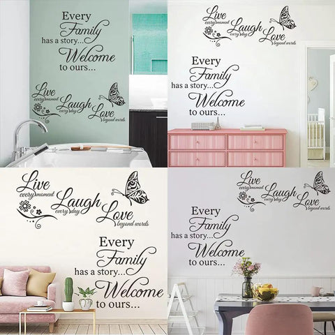 Two Pack Family Inspirational Wall Decals With Motivational Quotes Vinyl Stickers Live Every Moment Laugh Every Day Love Beyond Words Decor For Home Or Office displayed on different walls in living spaces.