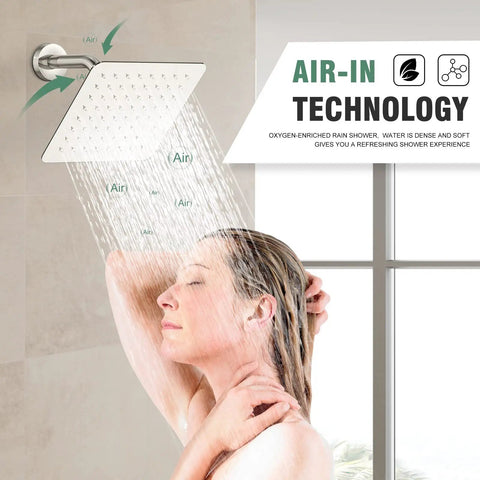 Woman under Shower Faucet Set With Tub Spout And Valve Included 8 Inch Rain Shower Head Brushed Nickel Tub And Shower Kit