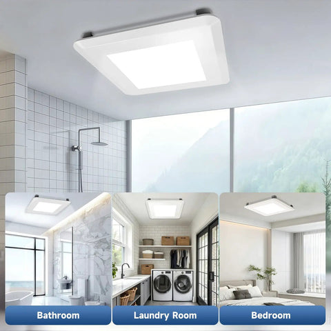 Butter Smooth 80 Cfm Bathroom Exhaust Fan With Bright Led Light And Five Dialable Warmth Levels in bathroom, laundry, and bedroom settings.