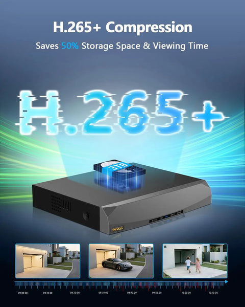 4K 8CH PoE NVR With 10 Inch IPS Monitor 8 Channel Network Video Recorder ONVIF Compatible highlighting H.265 compression feature.