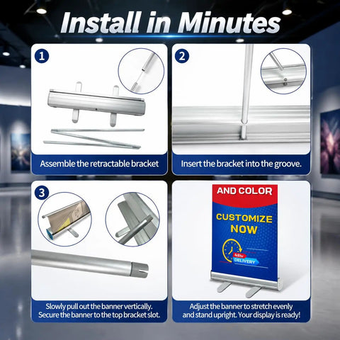Custom Retractable Banner With Aluminum Stand setup steps for easy assembly and display with full color design.