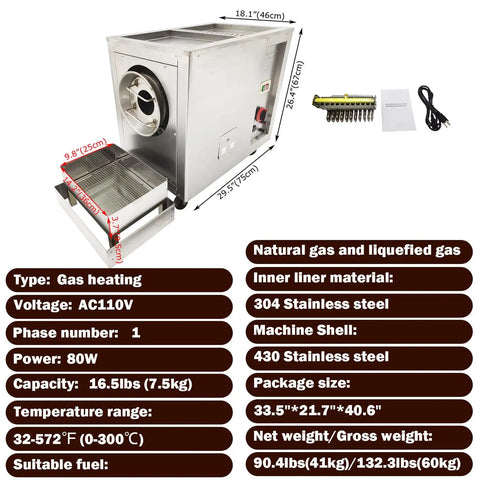 Heavy Duty Commercial Gas Coffee Roaster Featuring A Rock Solid Stainless Steel Drum And Full Automatic Controls for Beans Nuts Peanuts Seeds With No Sweat Operation And Straight Fire Results, featuring adjustable components.