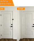 Before and after image of door using Six Inch Hidden Door Hinges Rock Solid Zinc Alloy Concealed Hardware.