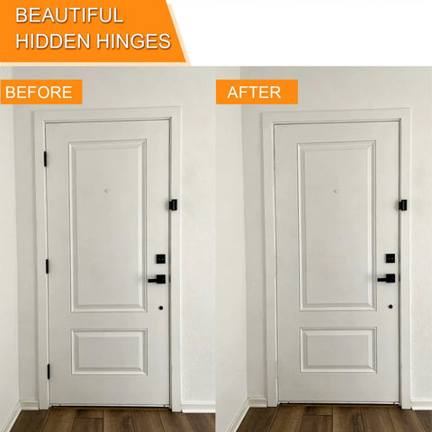 Before and after image of door using Six Inch Hidden Door Hinges Rock Solid Zinc Alloy Concealed Hardware.