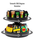 Two-Tier Rotating Snack Carousel Countertop Organizer for Kitchen and Breakroom, Snack Tray with 360-Degree Access, Sturdy Black Finish