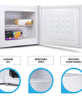 Hella Solid Upright Freezer One Point Two Cubic Feet White Compact Frost Vault With Wire Rack Garage Ready Meat Storage Box interior with removable shelf