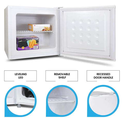 Hella Solid Upright Freezer One Point Two Cubic Feet White Compact Frost Vault With Wire Rack Garage Ready Meat Storage Box interior with removable shelf