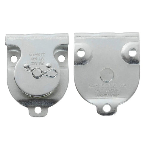 6 Pack Zinc Plated Wall Mount Pulleys, Fixed One And A Half Inch Cable Pulleys With 6 Screw Holes, Silver Small Pulleys, 421 Lbs Capacity, Fits Three Eighths Inch Wire Rope For Lifting, Built Tough, Easy Install, front and back views