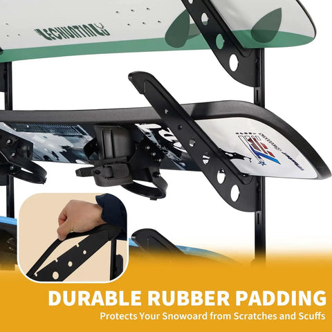 4 Board Snowboard Wall Rack Adjustable Storage for Ski Surfboard Wakeboard Wall Mount Display showing durable rubber padding and support.