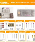 All In One 69 Piece Rotary Tool Accessories Kit with detailed layout; includes sanding, cutting, drilling, and polishing bits.