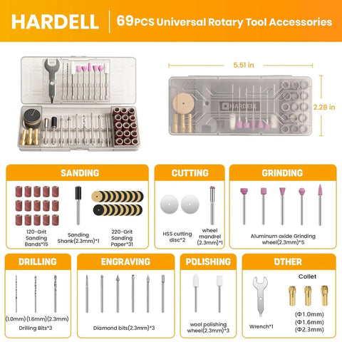 All In One 69 Piece Rotary Tool Accessories Kit with detailed layout; includes sanding, cutting, drilling, and polishing bits.