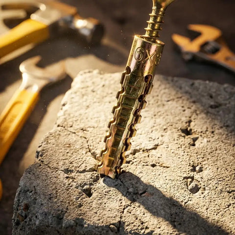 Close-up of a metal anchor from Beefy Hollow Wall Anchors With Screws Kit For Stripped Holes And Loose Hinges in solid block