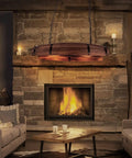 Rustic Resin Wine Barrel Pendant Lamp With Tree Grain Pattern above cozy fireplace in living room, giving farmhouse vibe