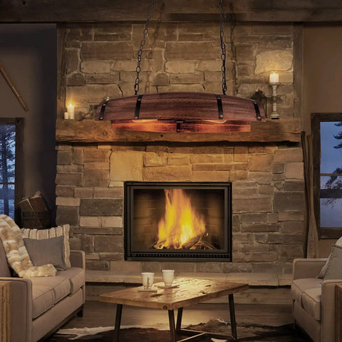 Rustic Resin Wine Barrel Pendant Lamp With Tree Grain Pattern above cozy fireplace in living room, giving farmhouse vibe