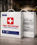 OSHA Compliant ANSI Class B First Aid Kit Cabinet, 3 Shelf Emergency First Aid Center for 100 person, shown with handles.