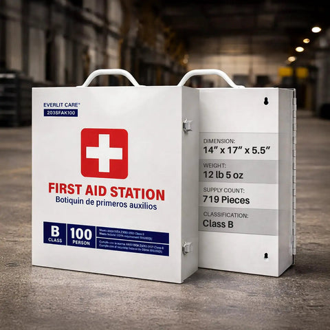 OSHA Compliant ANSI Class B First Aid Kit Cabinet, 3 Shelf Emergency First Aid Center for 100 person, shown with handles.