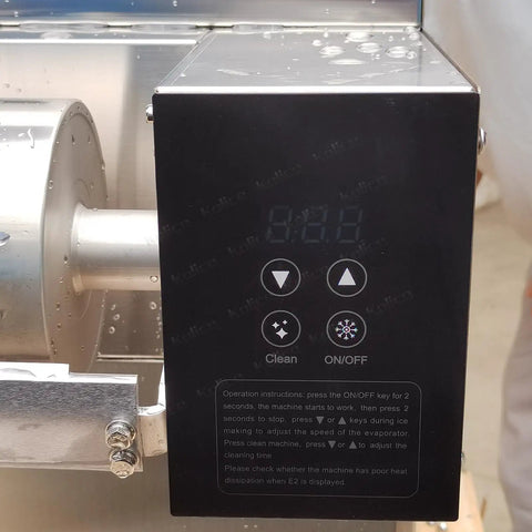 Kickstart Your Beverage Game With This Killer Commercial Snow Cone Shaver Cranking Out Up To 440 Pounds Of Fluffy Snowflake Ice Daily Via Sharp Steel Blades And Air Cooling With Two Sturdy Buckets - close-up of control panel.