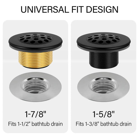 Fresh Matte Black Bathtub Drain Tub Trim Set With Universal Brass Adapter And Rock Solid Trip Lever Overflow Plate For Quick Swap and clean, showing universal fit designs.