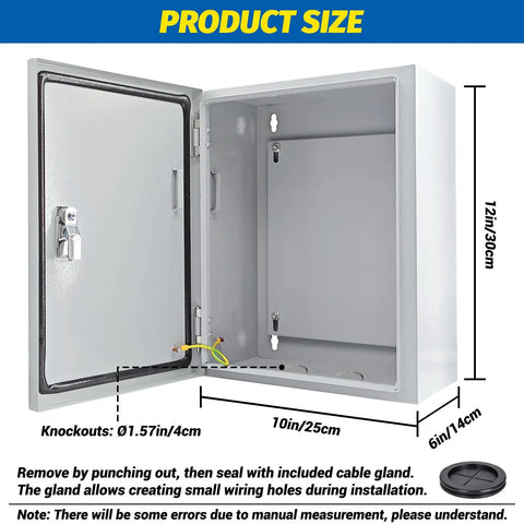 12 By 10 By 6 Inch Steel Electrical Junction Box NEMA 4X Indoor Outdoor Enclosure Waterproof Dustproof Wall Mounted With Lock And Mounting Plate For Versatile Indoor Outdoor Use, open view