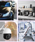 Collage of a black car, kitchen appliances, a security camera, and a robotic arm in an industrial setting