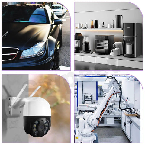 Collage of a black car, kitchen appliances, a security camera, and a robotic arm in an industrial setting