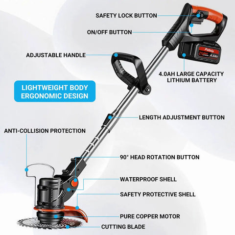 Cordless Weed Wacker With 21V Power, adjustable handle, safety lock, lightweight, includes Two 4.0Ah Batteries and Charger