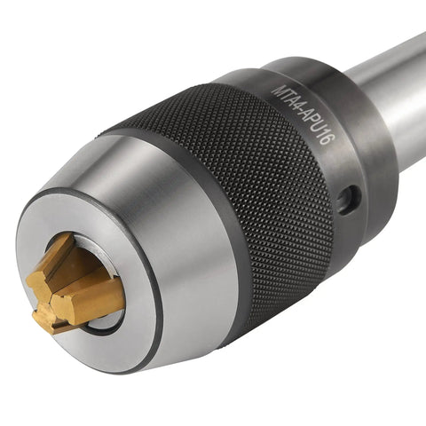 Heavy Duty APU16 MT4 Shank Drill Chuck With Beefy Titanium Jaws, Keyless Self Tightening, close-up of drill chuck