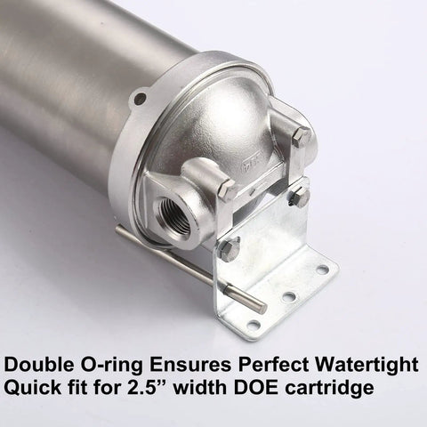 Stainless Steel Whole House Water Filter Housing Built Tough For Heavy Duty Home Plumbing Systems Fits Ten Inch By Two And A Half Inch Sediment Cartridges 1 Inch NPT Ports With Wing Style Drain Valve Great For City Or Well Water